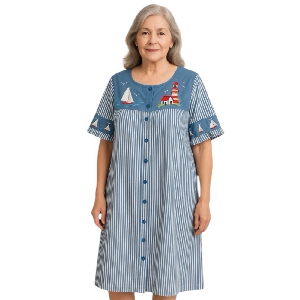 Bechamel Blue White Striped Sailboat Lighthouse Grandmacore Mumu Dress Size XXL